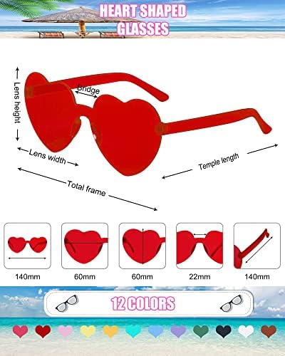 Dllween 8/12 párov srdce slnečné okuliare pre ženy, Trendy Rimless transparentné Candy farebné srdce okuliare