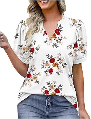 Dámske kvetinové tlačené topy letné tričko s výstrihom do V ležérne bublinkové rukávy grafické tričká Voľný Tunikový